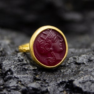 Goddess Athenian  Red Intaglio Glass Ring | 925 Sterling Silver | Ancient Roman Ring | Mythology Carving Jewelry by Pellada