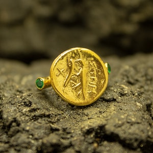 Ancient Greek Raven Signet Coin Ring | 24K Gold Plated 925 Sterling Silver | Hawk Coin Ring | Hammered Signet | Historical Gift  by Pellada