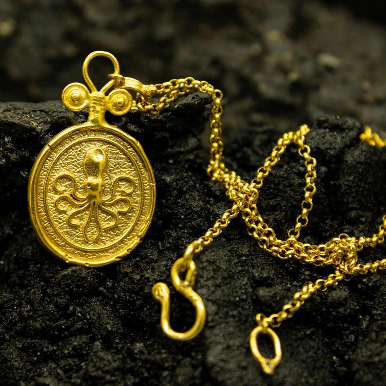 Octopus Signet Coin Pendant | 925 Sterling Silver 24K Gold Plated | Greek Medallion Octopus Kraken Necklace | Ancient Jewelry by Pellada image 1