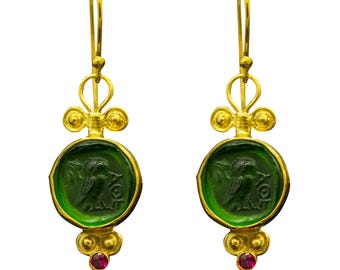 Athena Owl Intaglio Gold Earrings | 925 Sterling Silver | Ancient Roman Owl Earrings | Greek Goddess Earrings | Gift by Pellada