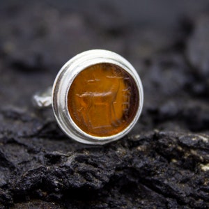 Artemis Greek Deer Intaglio Glass Ring | 925 Sterling Silver | Historical Ancient Deer Intaglio Jewelry | Mythology Gold Ring by Pellada