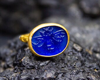 Greek Bee Intaglio Blue Glass Gold Ring | 925 Sterling Silver | Ancient Honey Bee Intaglio Jewelry | Vintage Bee Intaglio Ring by Pellada
