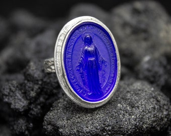 Virgin Mary Intaglio Silver Ring | 925 Sterling Silver | Religious Christian Signet Tree Bark Ring | Intaglio Miraculous Ring by Pellada