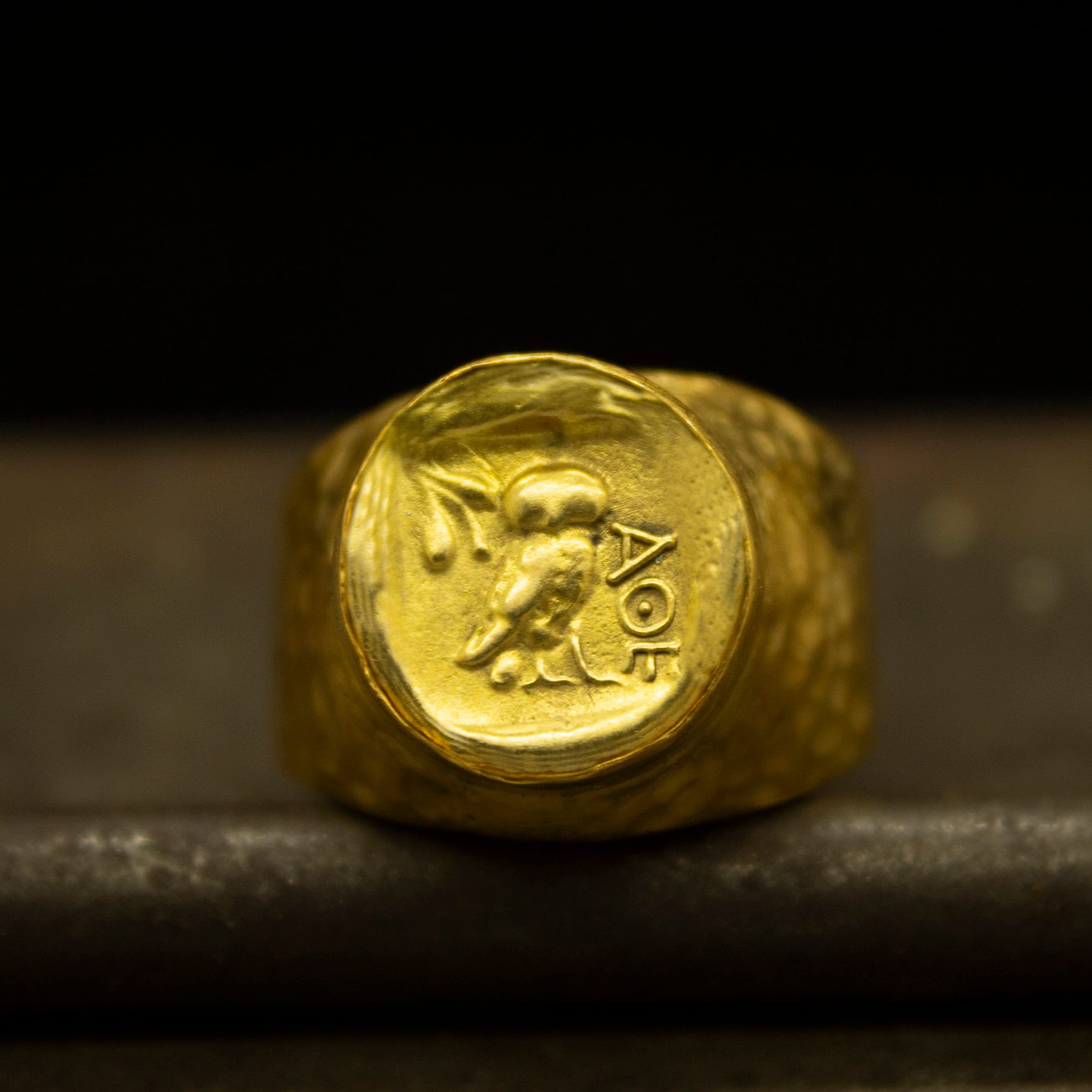 Ancient Art Owl Signet Coin Ring | Athenas Coin Ring | 925 Sterling Silver Ring 24K Gold Plated | Io