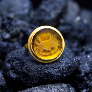 Zodiac Cancer Intaglio Yellow Glass Ring | 925 Sterling Silver | Roman Art Zodiac Crab Carving Silver Ring | Greek Intaglio Ring by Pellada