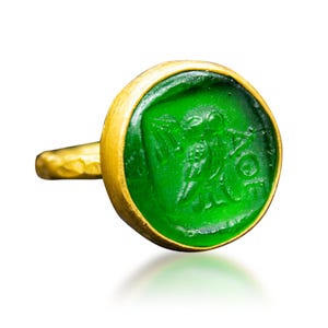 Athena Owl Intaglio Glass Ring | 925 Sterling Silver Gold Plated | Ancient Greek Owl Carving Ring | Vintage Athenian Jewelry by Pellada