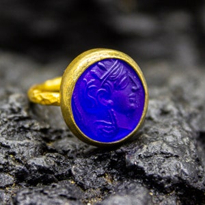 Greek Athena Intaglio Glass Ring | 925 Sterling Silver | Ancient Roman Carving Ring | Mythology Goddess Carving Jewelry by Pellada