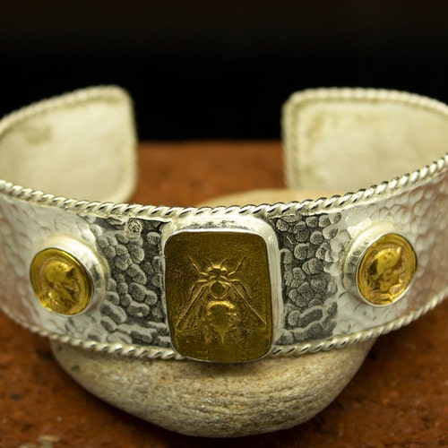 Hammered Cuff Honey Bee Coin Silver Bracelet | 925 Sterling Silver 24K Gold shops | Adjustable Ancient Silver Cuff | Handmade Bracelet by Pellada