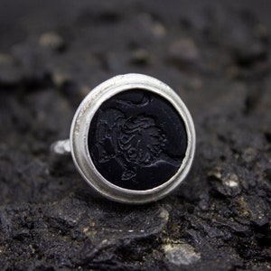 Greek Lion Intaglio Glass Ring | 925 Sterling Silver | Ancient Roman Intaglio Horoscope Ring | Ancient Intaglio Glass Zodiac Ring by Pellada