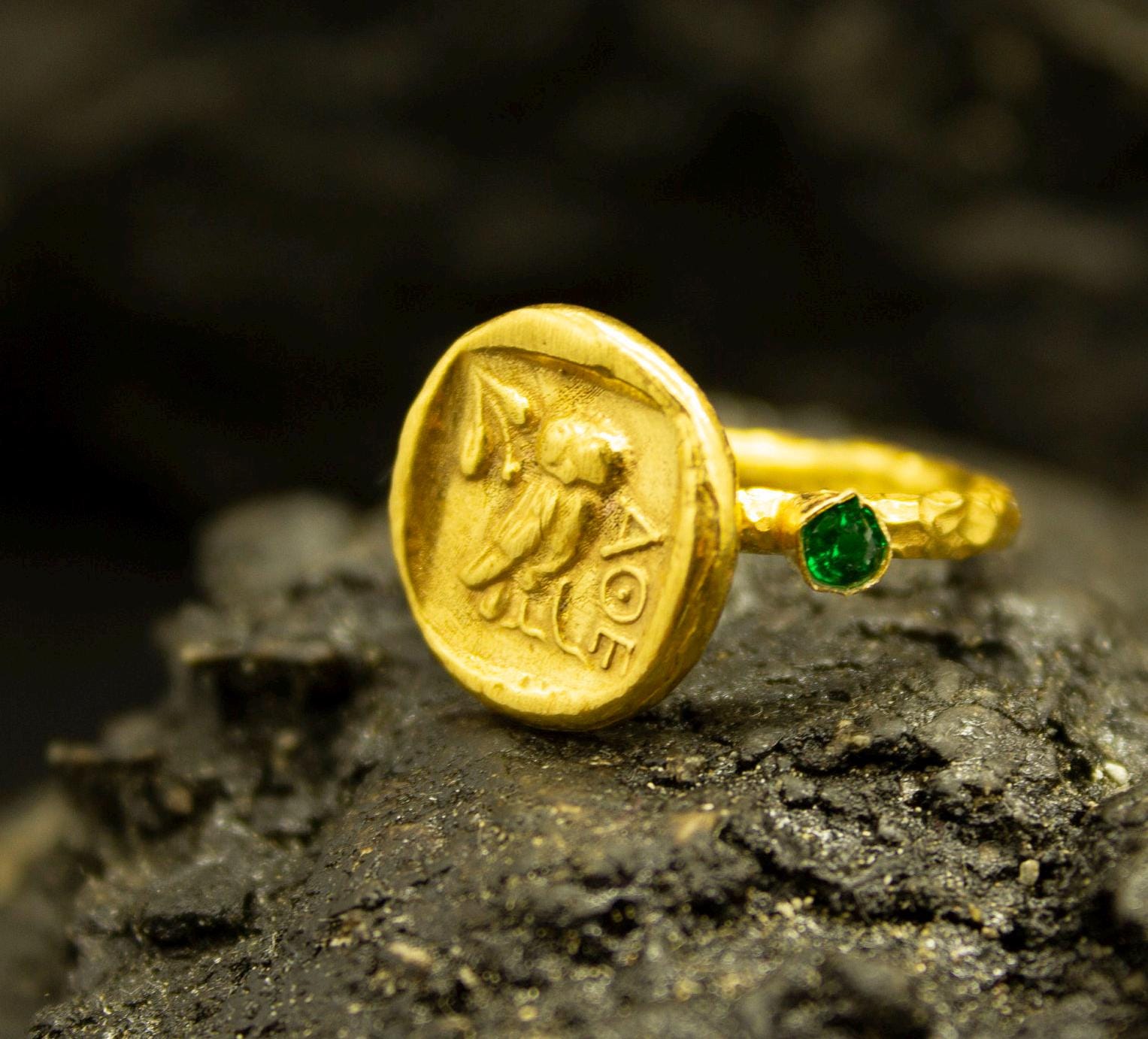 Athena Owl Coin Signet Gold Ring | 24K Gold Plated 925 Sterling Silver | Greek Owl Coin Ring | Roman