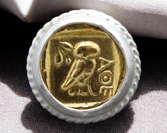 Greek Owl Coin Ancient Ring | 24K Gold Plated 925 Sterling Silver | Athena Owl Coin Ring | Greek Vintage Jewelry | Handmade Gift by Pellada