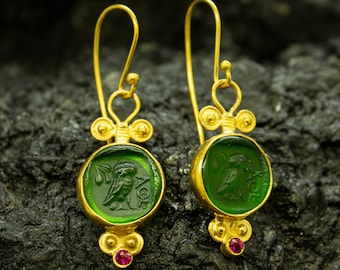 Athena Owl Intaglio Glass Earrings | 24K Gold Over 925 Sterling Silver |  Ancient Greek Owl Earrings | Mythology Goddess Earrings by Pellada