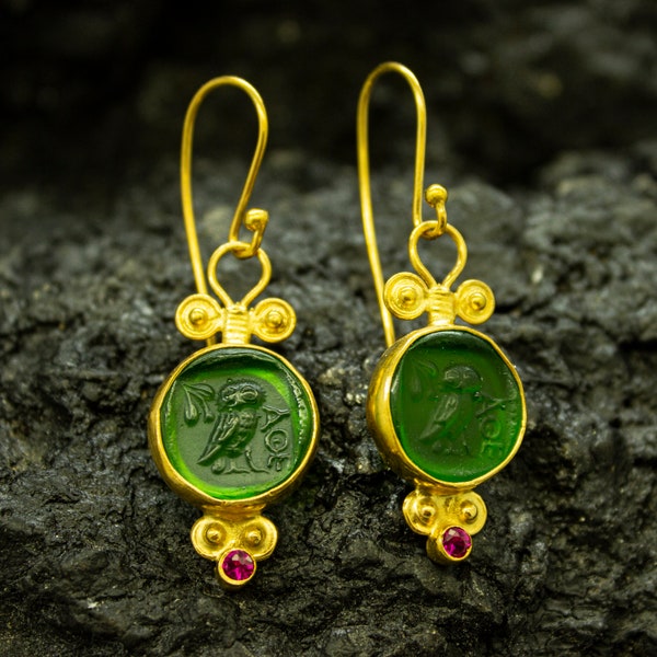 Athena Owl Intaglio Glass Earrings | 24K Gold Over 925 Sterling Silver |  Ancient Greek Owl Earrings | Mythology Goddess Earrings by Pellada