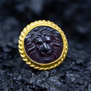 Ancient Greek Lion Intaglio Glass Ring | 925 Sterling Silver | Vintage Roman Horoscope Ring | Mythology Carved Lion Zodiac Ring by Pellada