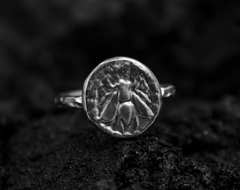 Ancient Honey Bee Signed Coin Ring | 24K Gold Plated 925 Sterling Silver | Sacred Bee Greek Ring | Handmade Jewelry Gift  by Pellada