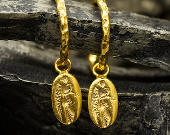 Angel Coin Charm Hoops Earrings | 24K Gold Plated 925 Sterling Silver | Grecian Medallion Jewelry | Ancient Guardian  Earrings by Pellada