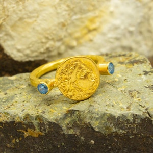 Ancient Roman Women Signet Coin Ring | 24K Gold Plated 925 Sterling Silver | Blue CZ Stone Ring  | Greek Coin Ring | Dainty Gift  by Pellada