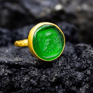 Ancient Greek Athena Owl Intaglio Glass Ring | 925 Sterling Silver | Roman Art Owl Carving Ring | Dainty Carved Athenian Jewelry by Pellada
