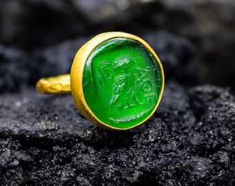 Ancient Greek Athena Owl Intaglio Glass Ring | 925 Sterling Silver | Roman Art Owl Carving Ring | Dainty Carved Athenian Jewelry by Pellada