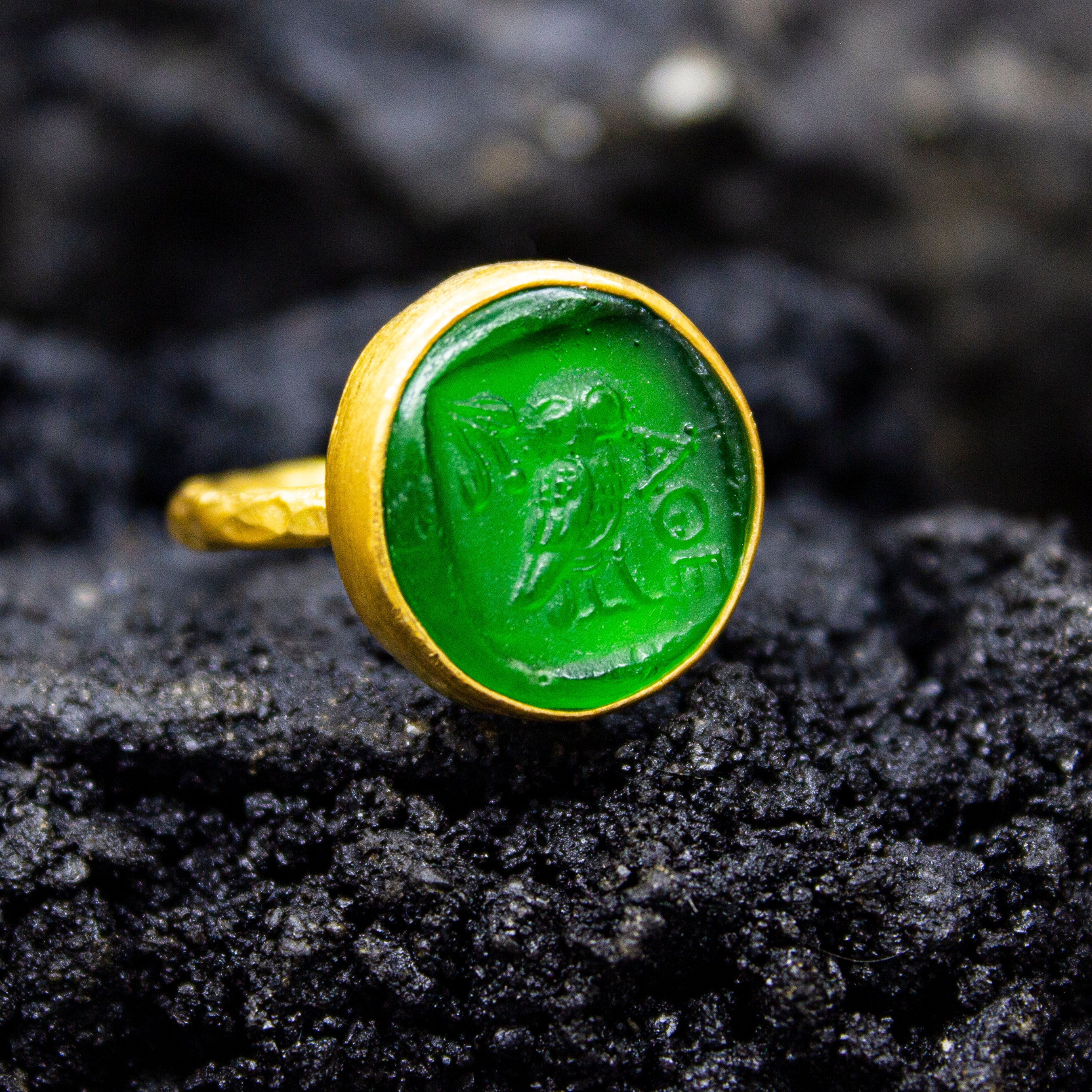 Ancient Greek Athena Owl Intaglio Glass Ring | 925 Sterling Silver | Roman Art Owl Carving Ring | Da