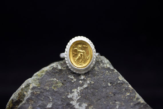 Ancient Roman Art Signed Coin Two Tone Ring 24K Gold Plated 925 Sterling Silver Ring Ancient Handcrafted Hammered Jewelry by Pellada