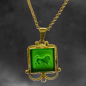 Greek Lion Intaglio Glass Necklace | 925 Sterling Silver | Ancient Roman Horoscope Intaglio Pendant | Carving Zodiac Lion Gift  by Pellada