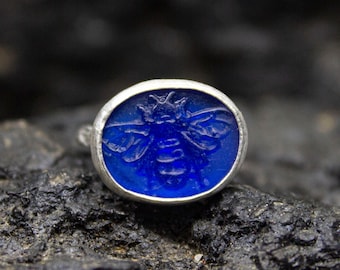 Roman Bee Intaglio Blue Glass Gold Ring | 925 Sterling Silver | Ancient Honey Bee Silver Jewelry | Dainty Bee Ring Gift by Pellada