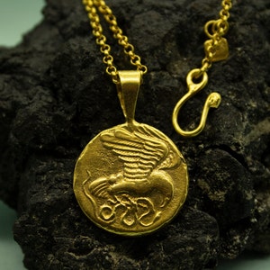 Ancient Art Hawk Signed Coin Pendant | 925 Sterling Silver 24K Gold | Bird and Snake Medallion Necklace  |  Ancient Art  Signet | by Pellada