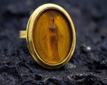Miraculous  Intaglio Silver Ring | 925 Sterling Silver | Christian Religious Intaglio Ring | Murano Glass Virgin Mary Gold Ring by Pellada