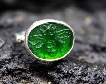 Greek Bee Intaglio Glass Gold Ring | 925 Sterling Silver | Ancient Roman Honey Bee Intaglio Jewelry | Dainty Bee Stone Ring by Pellada