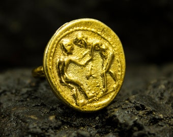 Greek Hercules Wrestling Signet Ring | 24K Gold Plated 925 Sterling Silver | Hammered Ancient Grecian Coin Ring | Christmas Gift by Pellada