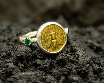 Greek Coin Honey Bee Signet Ring | 24K Gold Plated 925 Sterling Silver | Sacred Bee Two Tone  Dainty Ring | Ancient Handmade Gift by Pellada