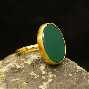 Emerald Green Jade Ring | Green Stone Statement Ring | 925 Sterling Silver 24K Gold Plated | Oval Birthstone Ring | Dainty Gift by Pellada