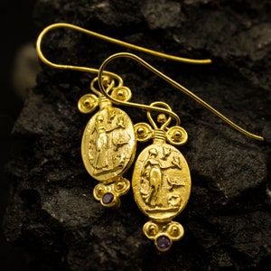 Greek Art Aphrodite Signet  Earrings | 24K Gold Plated 925 Sterling Silver | Ancient Venus Coin Earrings | Dainty Handmade Gift by Pellada