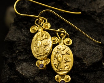Greek Art Aphrodite Signet  Earrings | 24K Gold Plated 925 Sterling Silver | Ancient Venus Coin Earrings | Dainty Handmade Gift by Pellada