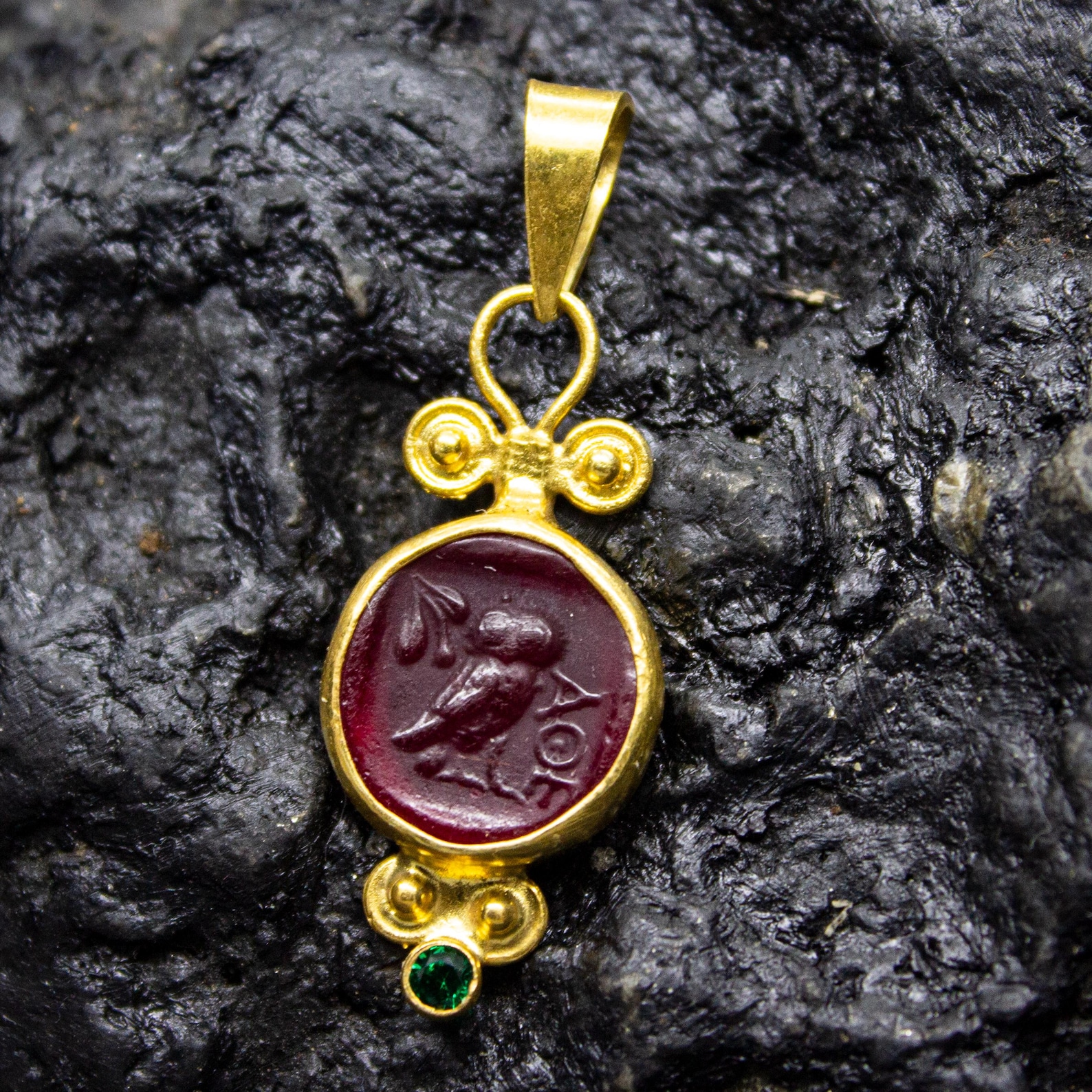 Red String Intaglio Greek Owl Intaglio Red Glass Necklace | 925 Sterling Silver | Athena ...