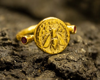Ancient Honey Bee Coin Signet Ring | 24K Gold Plated 925 Sterling Silver | Mystical Animal Medallion Ring | Queen Bee Dainty Gift by Pellada