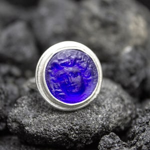 Intaglio Glass Medusa Ring | 925 Sterling Silver | Greek Intaglio Hanmade Signet Coin Ring | Ancient Carved Silver Vintage Ring by Pellada