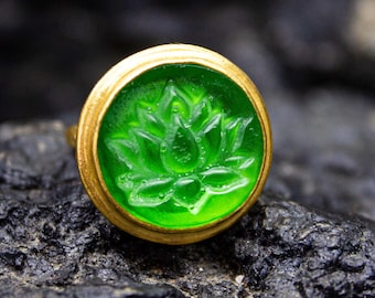 Lotus Flower Intaglio Glass Ring | 925 Sterling Silver | Sacred Lotus Intaglio Jewelry | Ancient Stainless Steel Water Lily Ring by Pellada