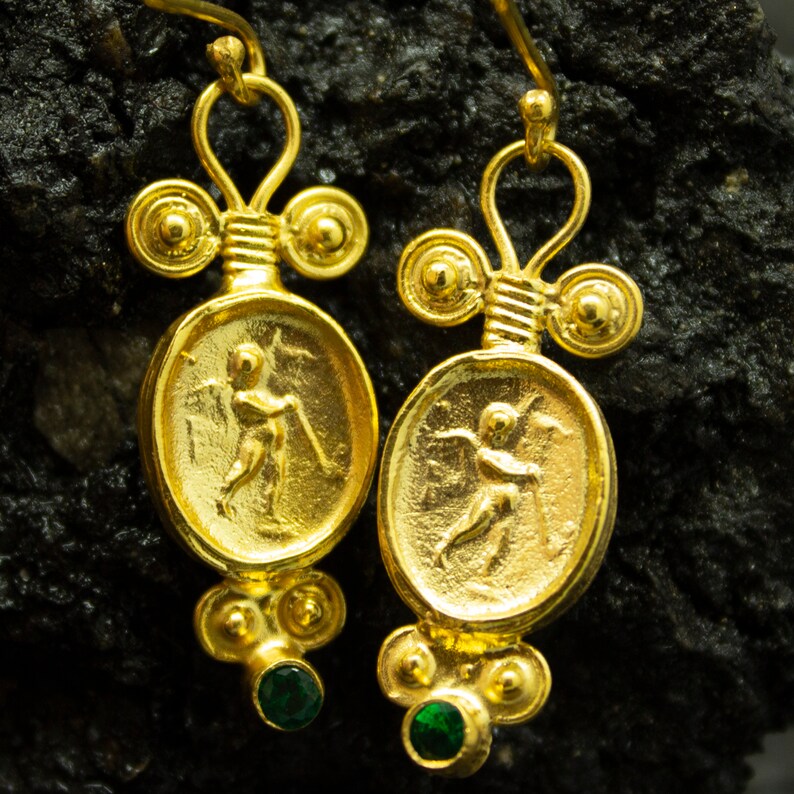 Ancient Greek Signet Earrings Guardian Angel Medallion Earrings 24K Gold Plated 925 Sterling Silver Religious Gift by Pellada