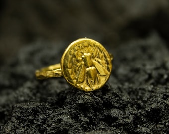 Greek Bee Coin Signet Ring | 24K Gold Plated 925 Sterling Silver | Sacred Bee Goddess Medallion Ring | Ancient Art Handmade Gift by Pellada