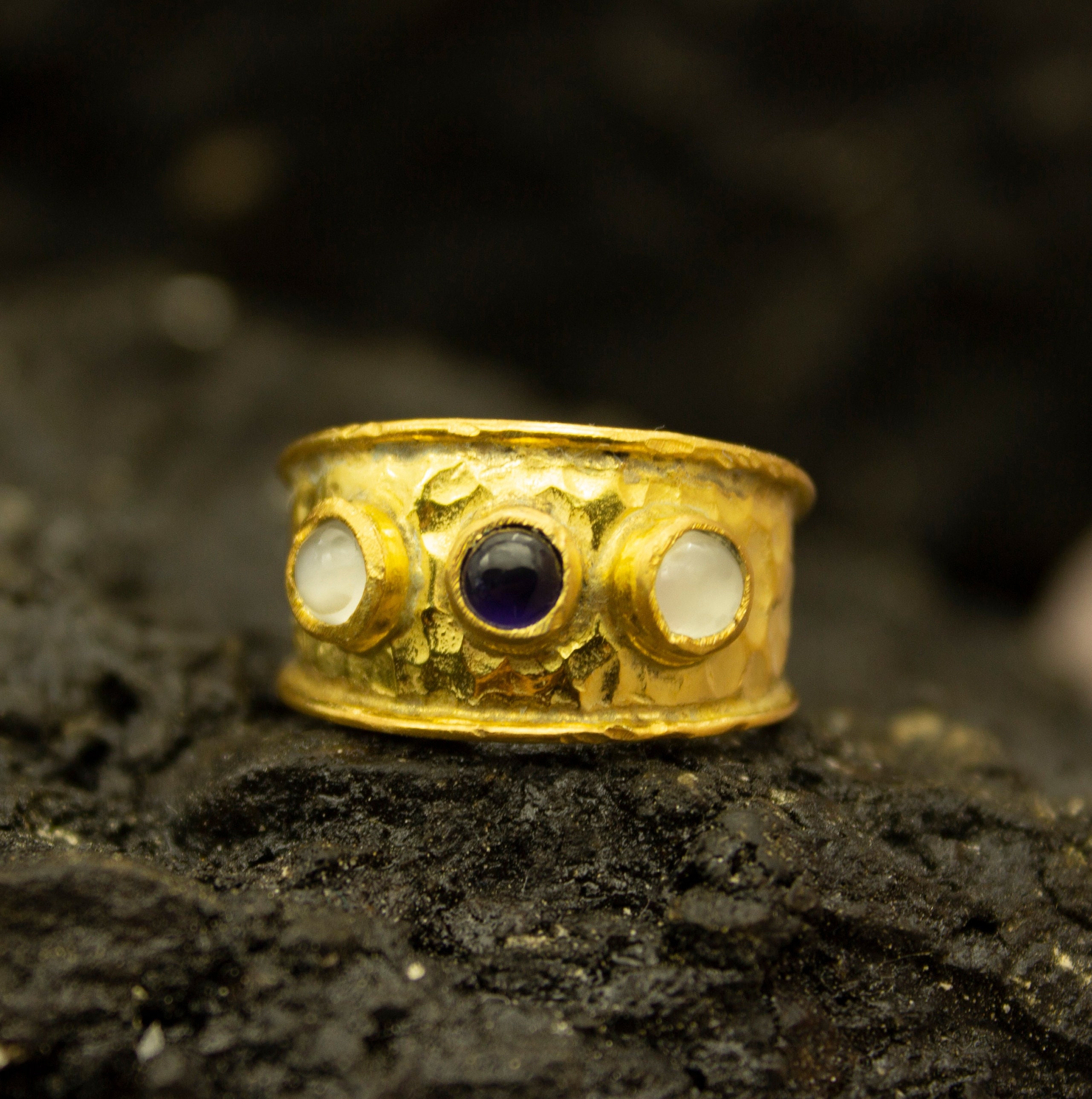 Natural Amethyst / Moonstone Ring | Rome Art Gemstone Ring | 925 Sterling Silver Ring 24K Gold Plated | Handmade Rainbow Ring | By Pellada