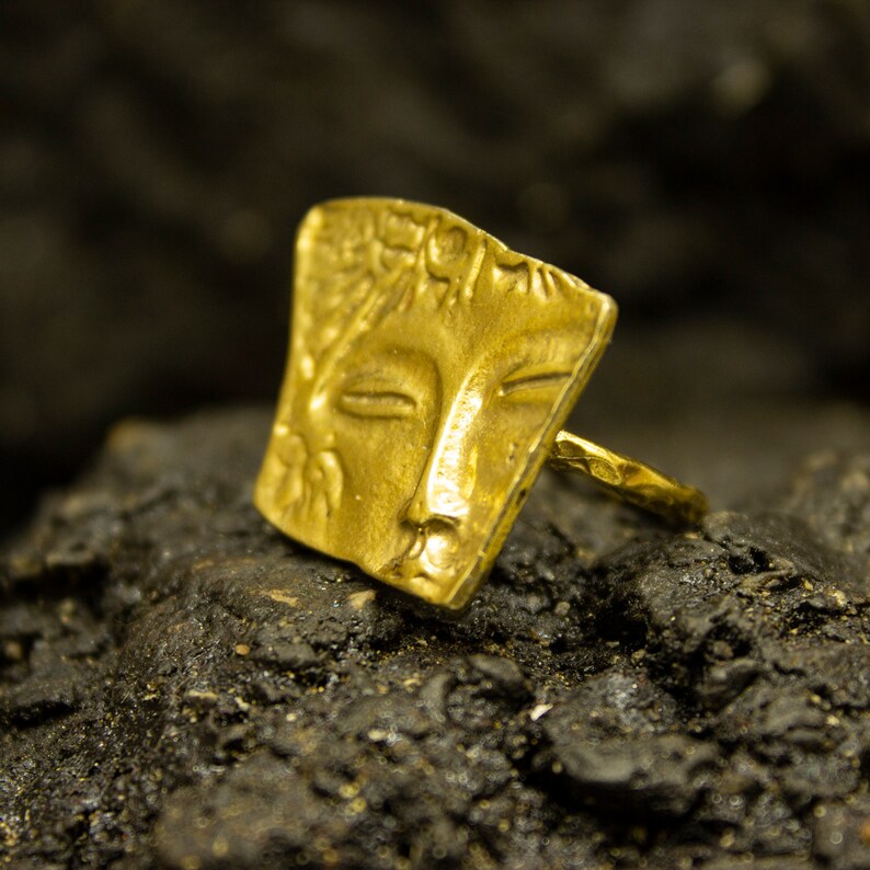 Ancient Greek Goddess Face Gold Ring 925 Sterling Silver Etsy