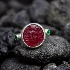 Intaglio Glass Greek Medusa Silver Ring | 925 Sterling Silver | Ancient Roman Intaglio Vintage Ring | Dainty Carving Glass Ring by Pellada