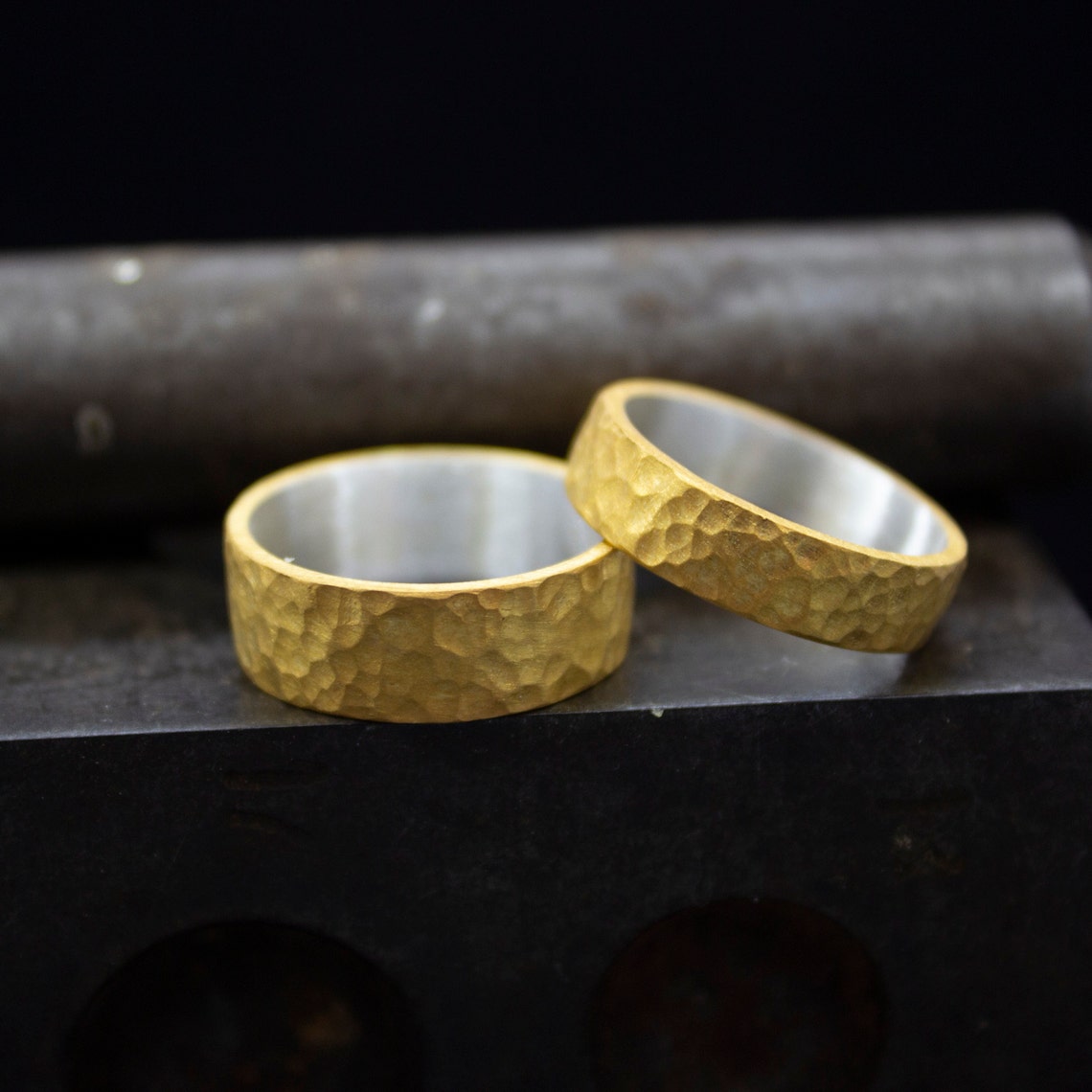 Hammered Matching Wedding Rings 24K Gold Plated 925