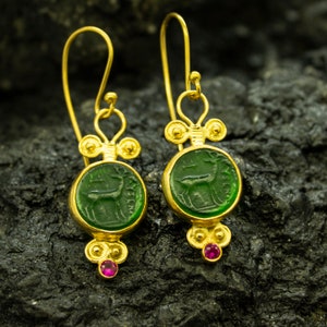 Artemis Ancient Deer Intaglio Green Glass Earrings | 925 Sterling Silver | Historical Greek Deer | Dainty Medallion Jewelry by Pellada