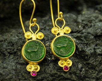 Artemis Ancient Deer Intaglio Green Glass Earrings | 925 Sterling Silver | Historical Greek Deer | Dainty Medallion Jewelry by Pellada