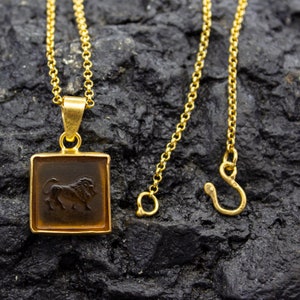 Greek Lion Intaglio Orange Glass Necklace | 925 Sterling Silver | Ancient Carving Intaglio Pendant | Lydia Lion Necklace Gift  by Pellada