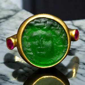 Greek Medusa Ancient Signet Ring | 925 Sterling Silver / Gold Plated | Greek Roman Intaglio Silver Ring |Green Carving Glass Ring by Pellada