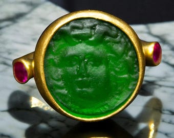 Greek Medusa Ancient Signet Ring | 925 Sterling Silver / Gold Plated | Greek Roman Intaglio Silver Ring |Green Carving Glass Ring by Pellada